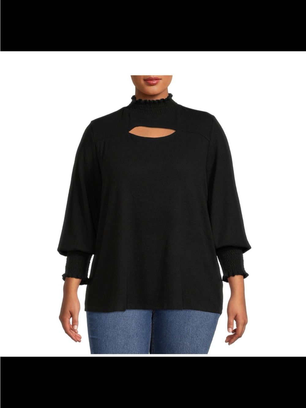 Terra and Sky Black Ruffled Mock-Neck Keyhole Sweater Top